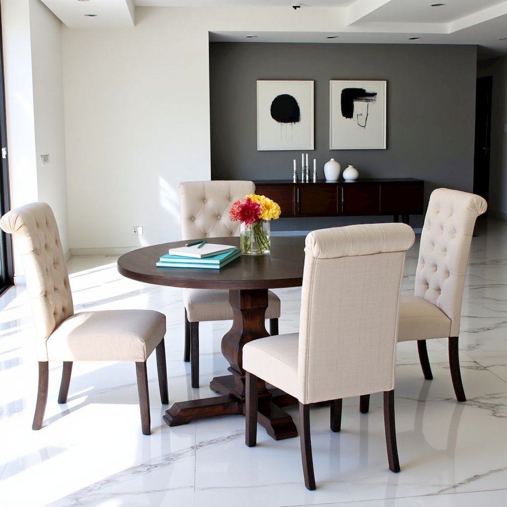 Beige Round Dining Table Set for 4 with Chairs, Ideal for Kitchen Spaces. Picture 3