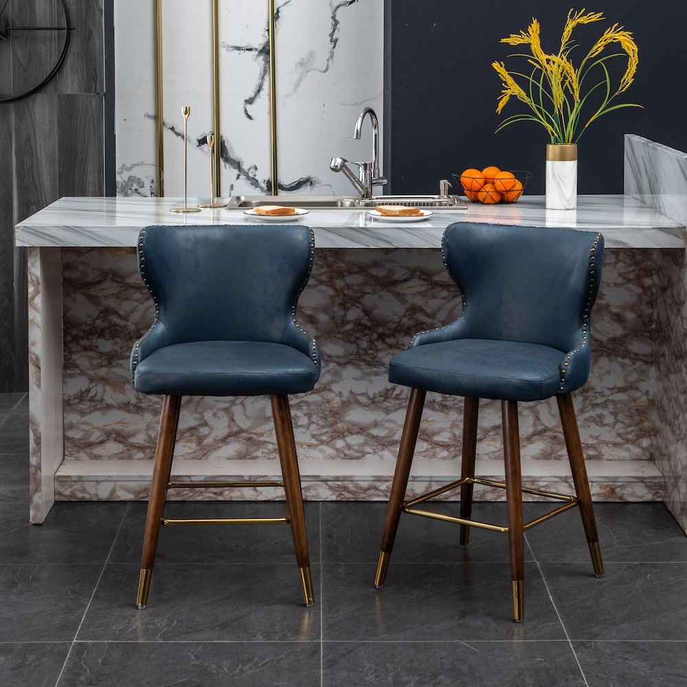 Nevis Modern Faux Leather Tufted Nailhead Trim Counter Stool Set of 2, Blue. Picture 6