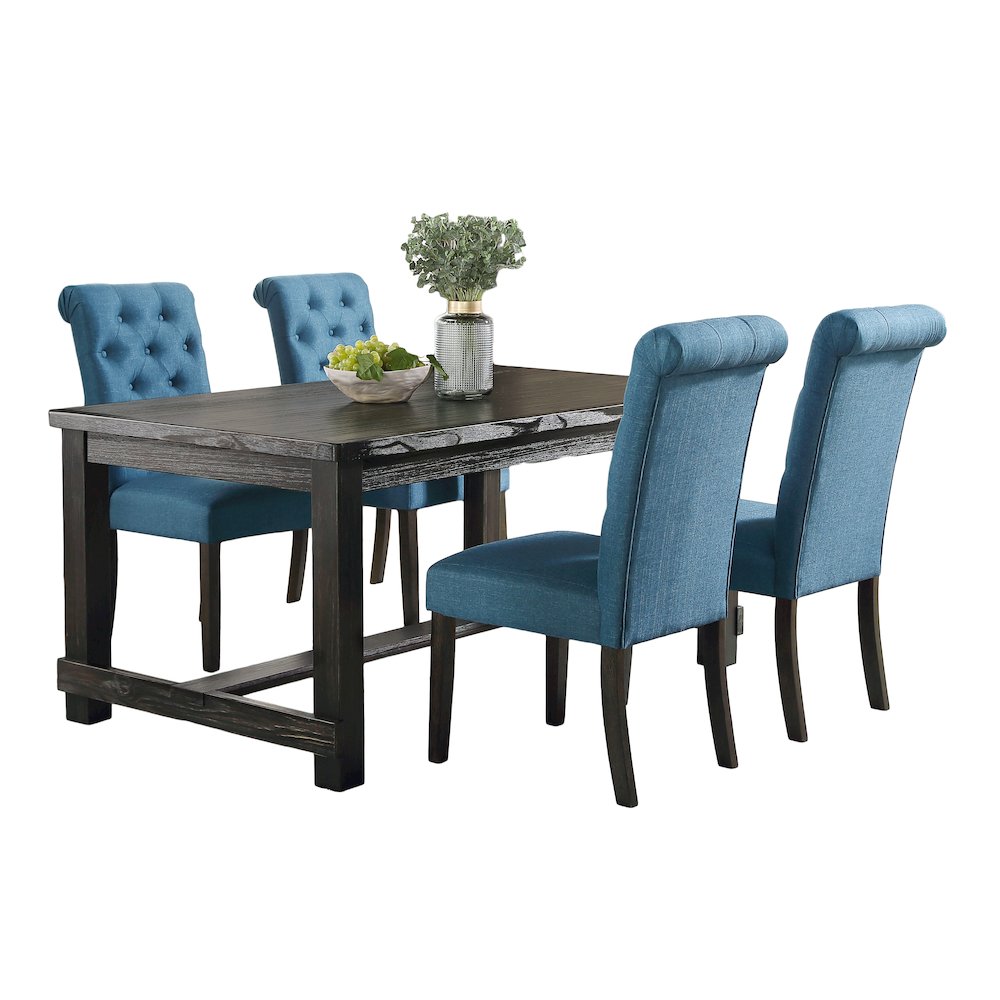 Leviton Antique Black Finished Wood Dining Set, Table with Four Chairs, Blue. Picture 1