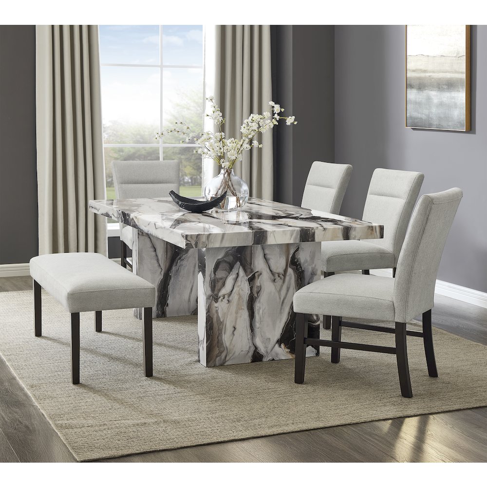 Cavira Modern Faux Marble Dining Table with 4 Chairs and Bench. Picture 2