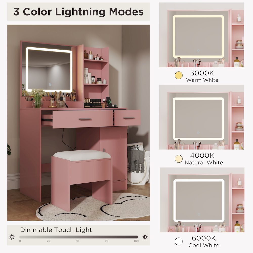 Makeup Vanity Set, Vanity Desk, Stool, LED Light Mirror, Pink. Picture 9