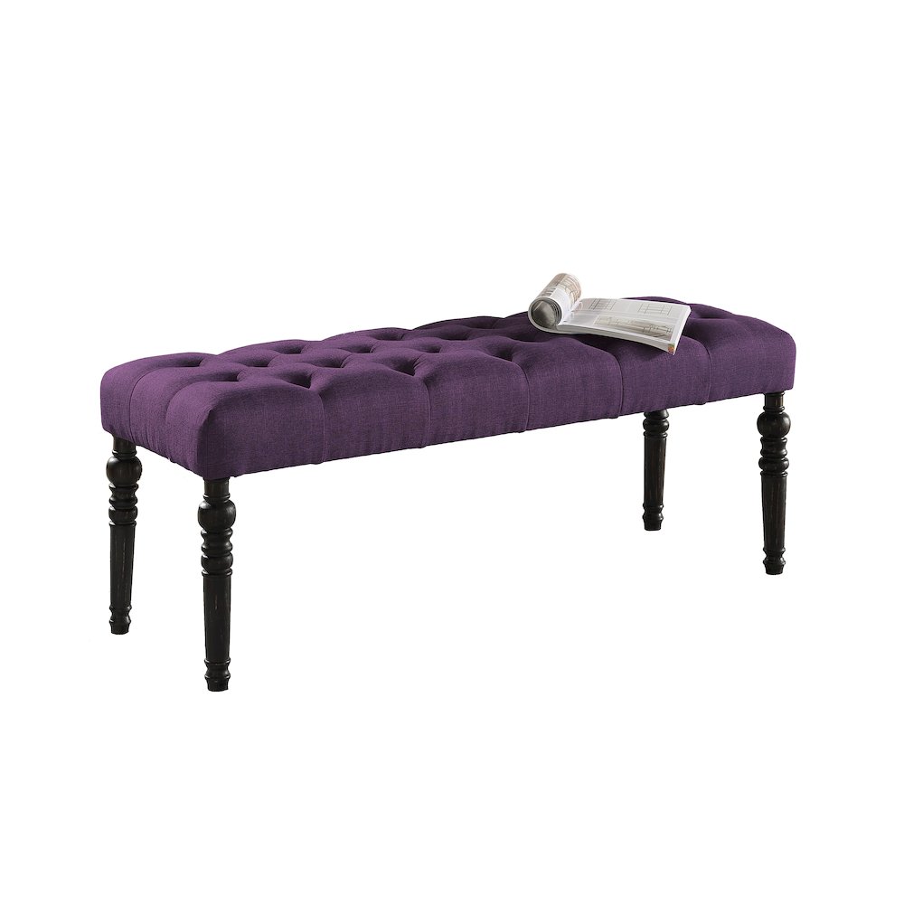 Leviton Fabric Tufted Turned Leg Dining Bench, Purple. Picture 1