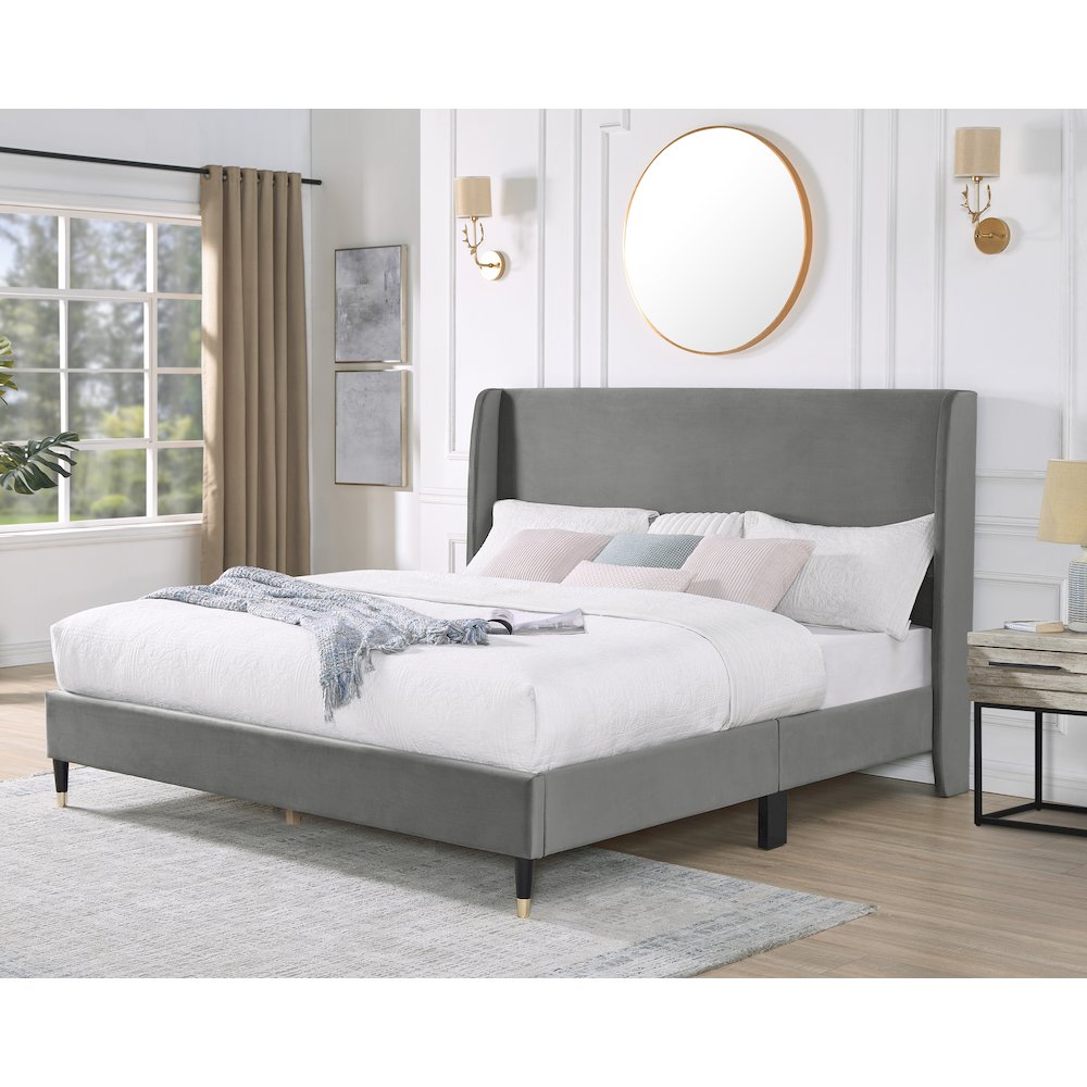 Rozitta Gray Velvet Wingback Platform Bed, Queen. Picture 2