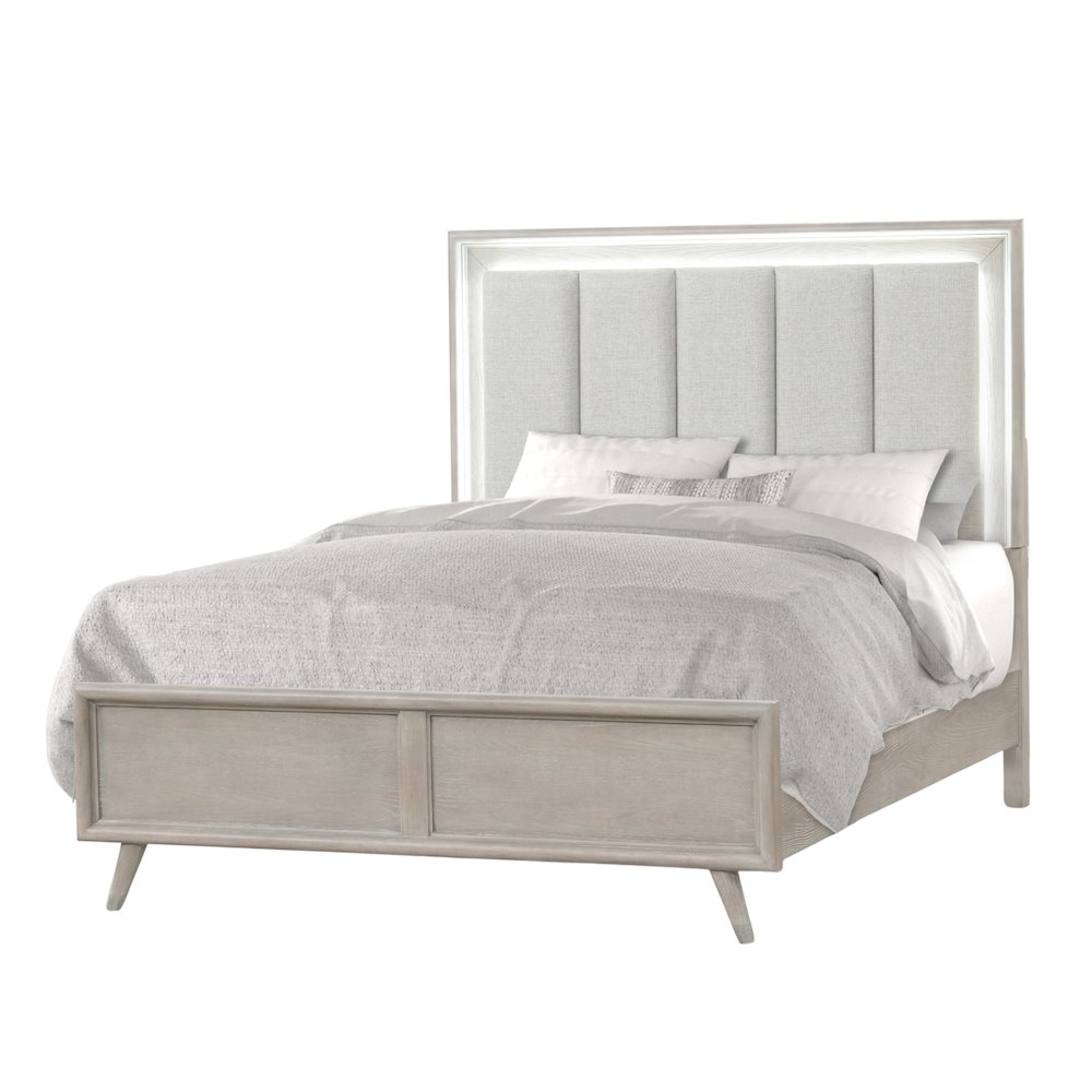 Seluna LED Lighting Panel Bed, Upholstered Headboard, Gray Oak Finish, Queen. Picture 1