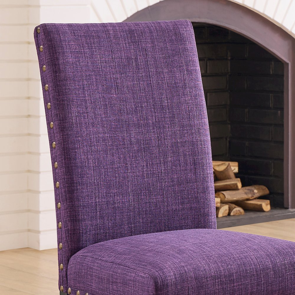 Biony Espresso Wood Dining Set with 4 Fabric Nailhead Chairs, Purple. Picture 9