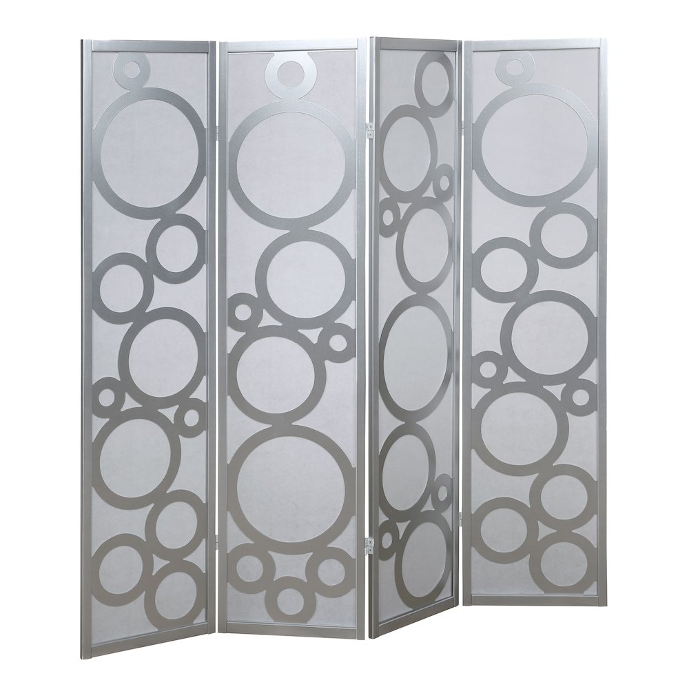 Arvada 4-Panel Wood Room Divider with Circle Pattern, Silver. Picture 1