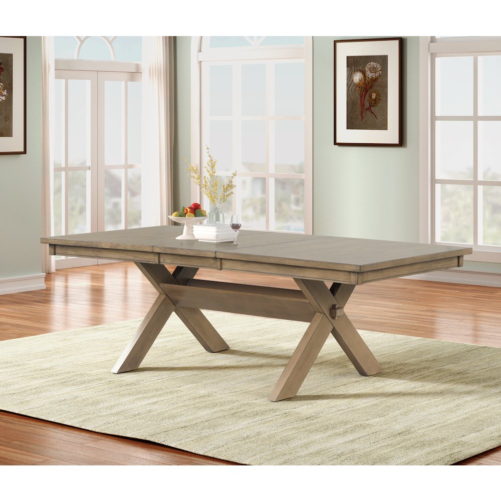 Raven Wood Trestle Extendable Dining Table with Leaf, Glazed Pine Brown. Picture 2