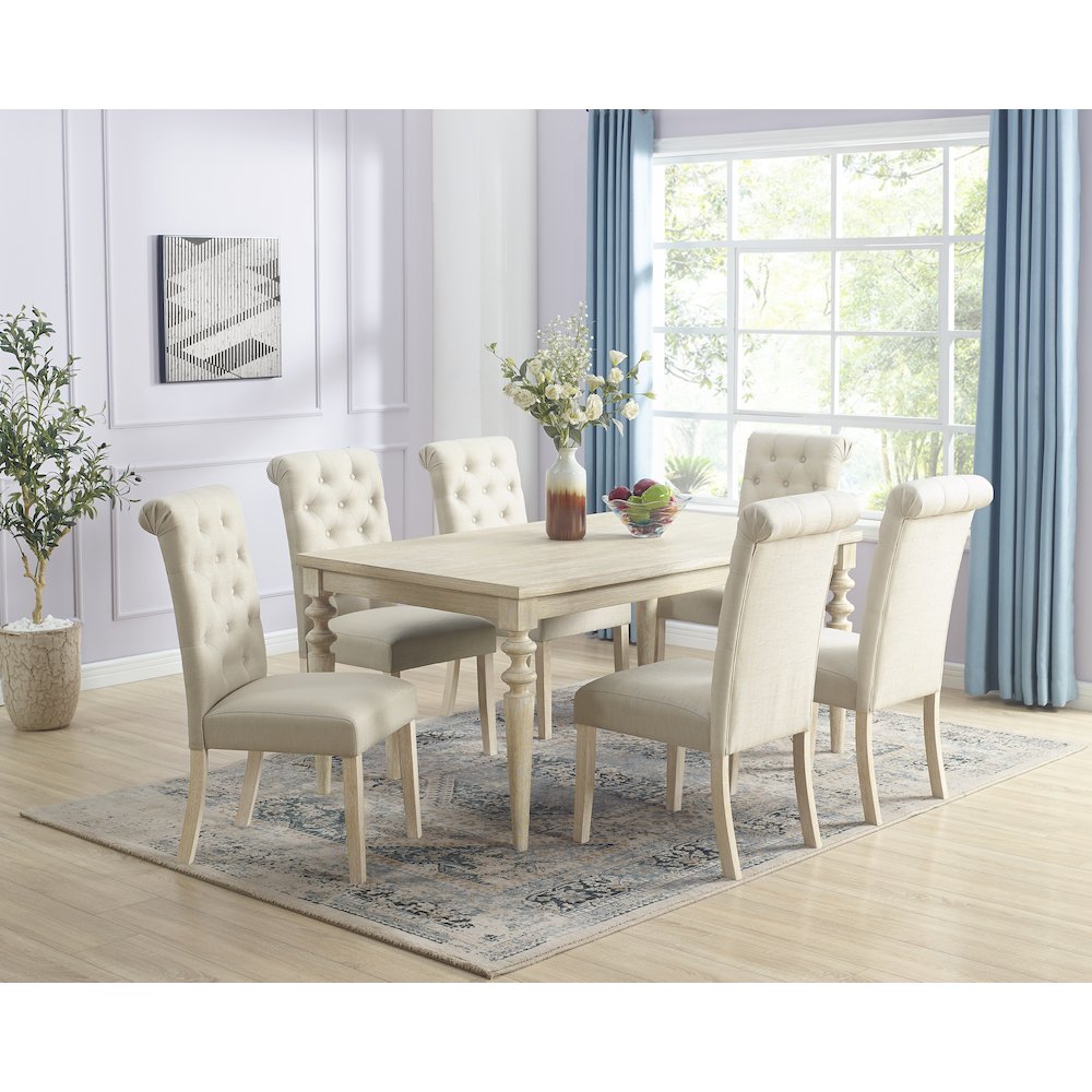 Amonia 7-Pc Dining Set, Turned-Leg Dining Table with 6 Tufted Chairs, Tan. Picture 1