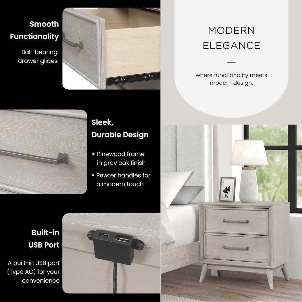 Seluna 2-Drawer Bedroom Nightstand with built-in USB port, Gray Oak Finish. Picture 5