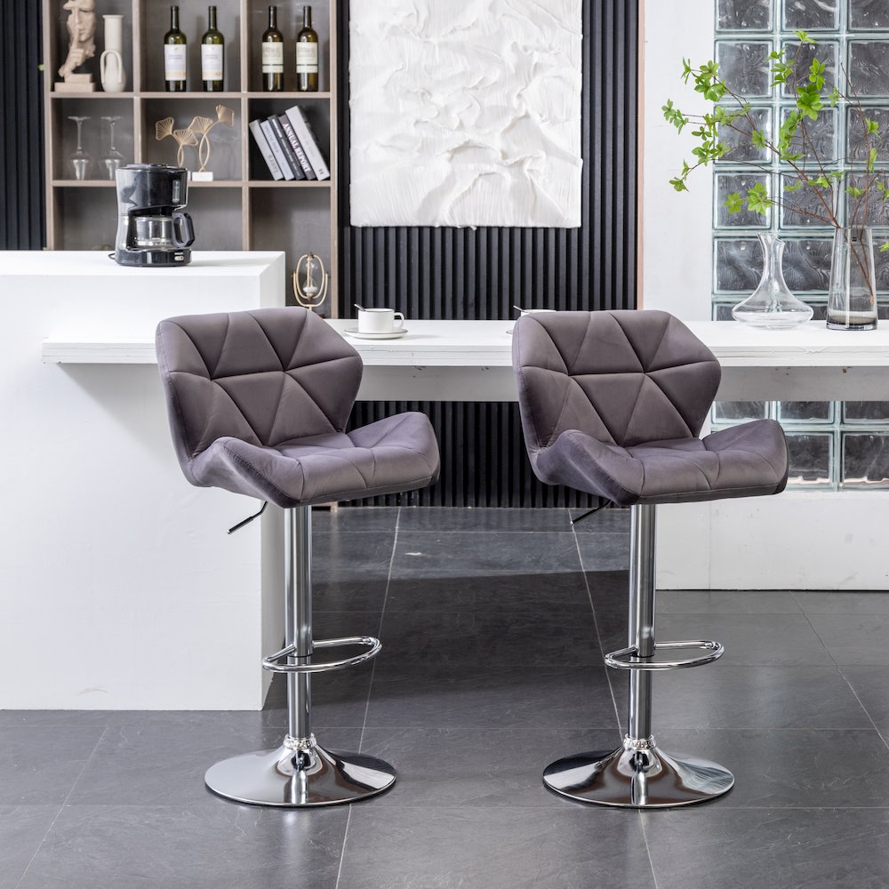Breni Velvet Diamond Tufted Swivel Adjustable Height Barstool, Set of 2, Gray. Picture 6