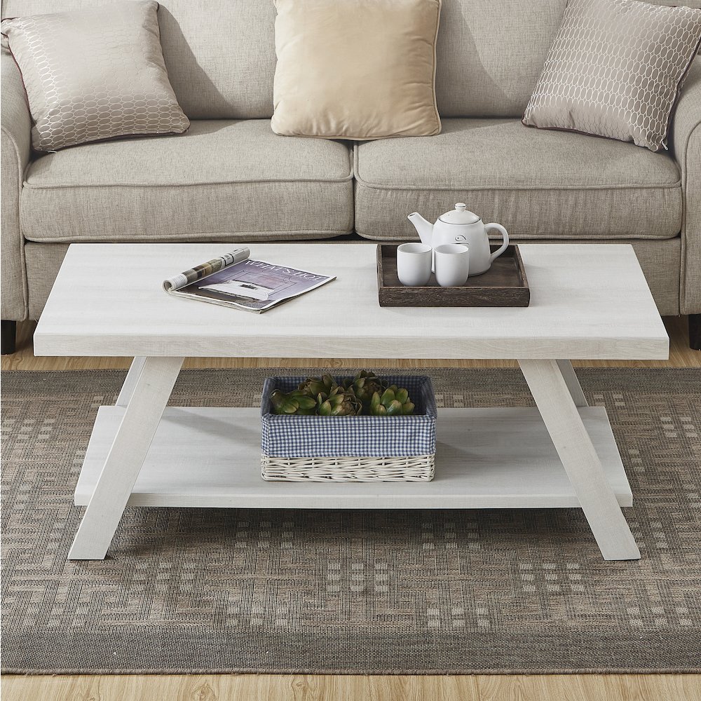 Athens Contemporary Wood Shelf Coffee Table in White Finish. Picture 3