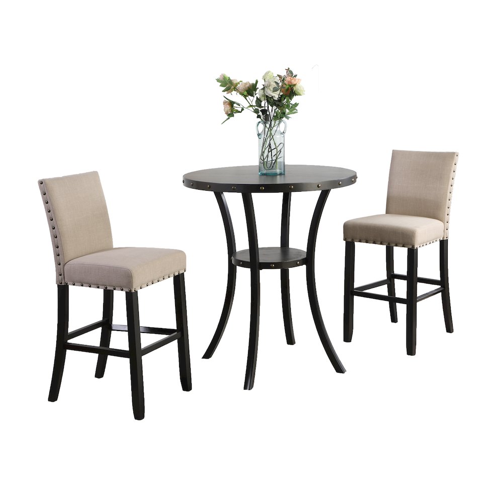 Biony 3-Pc 36" Round Espresso Finish Bar Table with 2 Tan Pub Chairs. Picture 1
