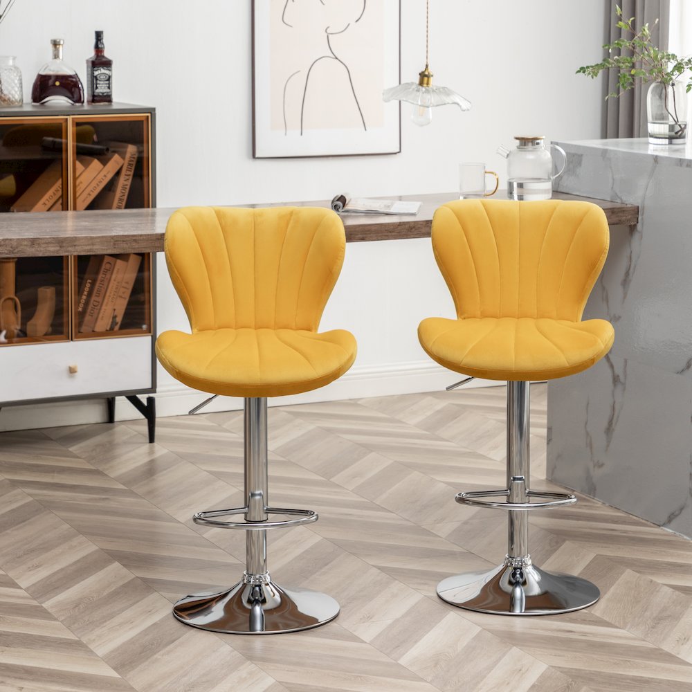Ellston Upholstered Adjustable Swivel Barstools in Yellow, Set of 2. Picture 6