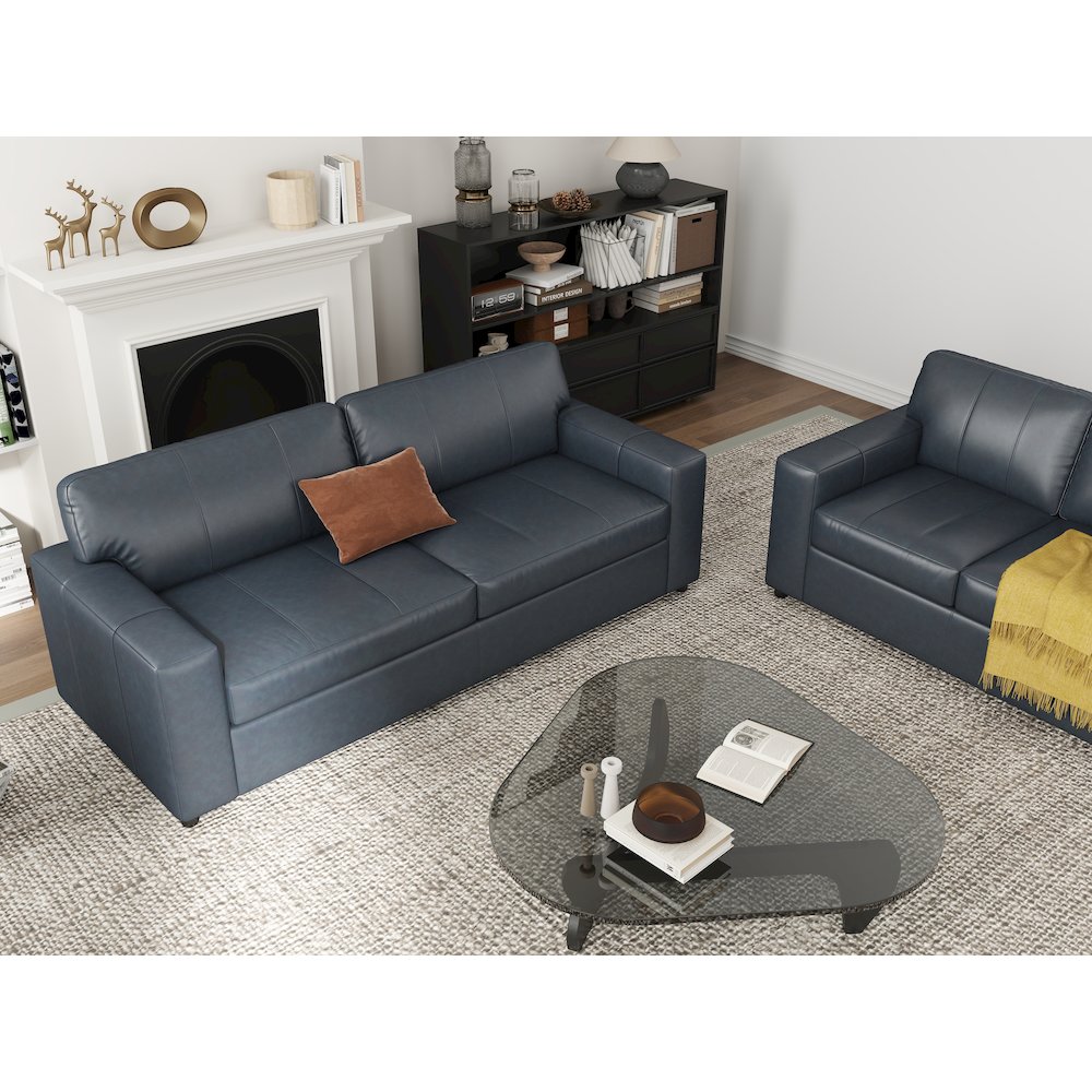Sakan Leather 3-Pc Living Room Set, Sofa Loveseat and Chair, Blue. Picture 10