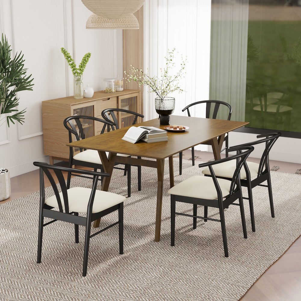 7-Piece Dining Set, Walnut Finished Dining Table with 6 Black Wishbone Chairs. Picture 5