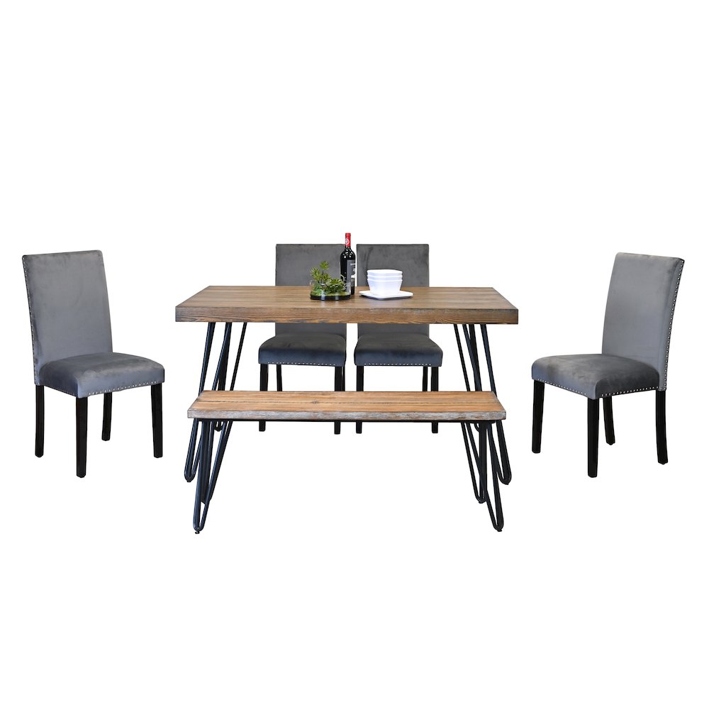 Ashzo 6-Pc Dining Set, Hairpin Dining Table with 4 Chairs and Bench, Gray. Picture 1