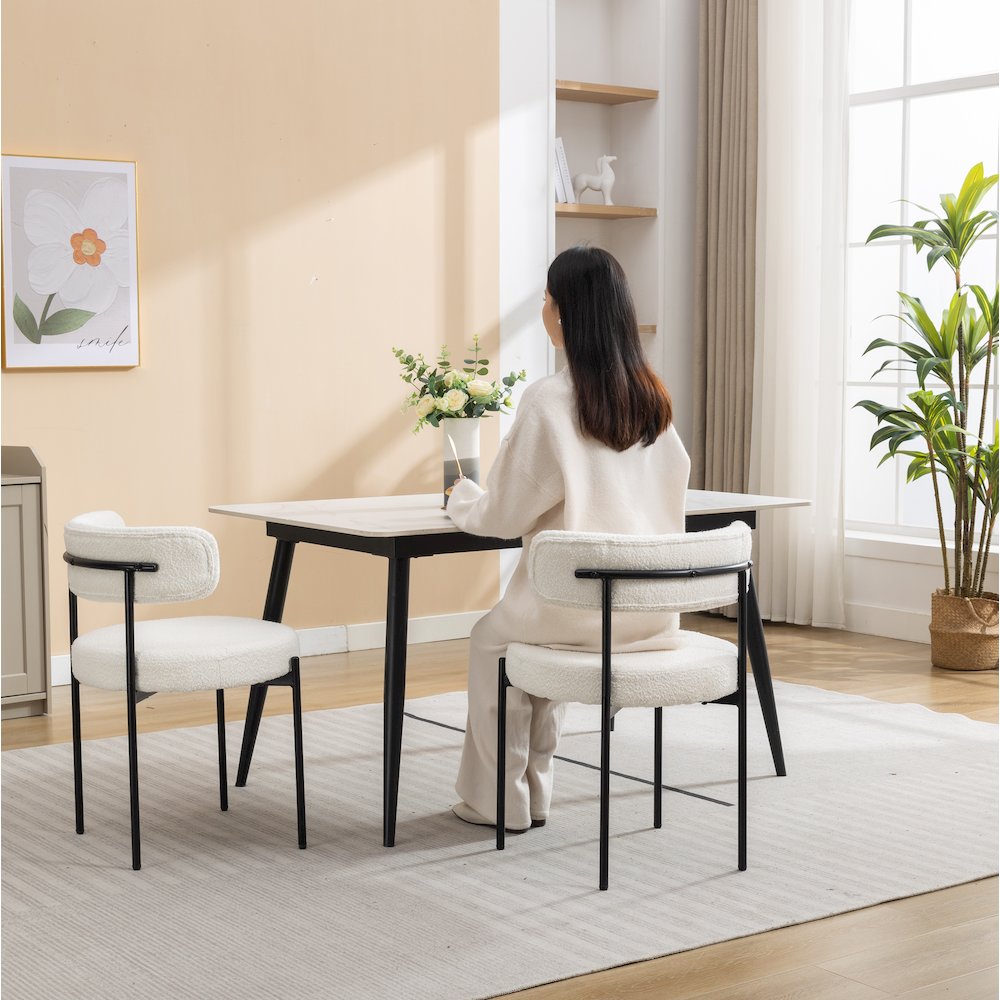 Burbank Modern Round Boucle Dining Chairs, Set of 2, White. Picture 3