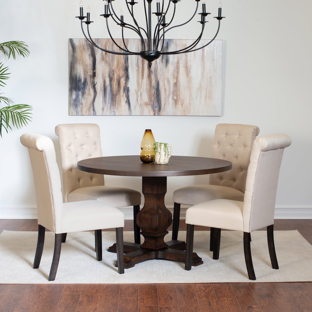 Kerbau 5-Pc Dining Set, Pedestal Round Table with 4 Stylish Chairs, Tan. Picture 2