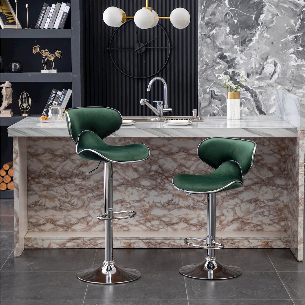 Masaccio Velvet Upholstered Adjustable Swivel Barstool, Set of 2, Green. Picture 2