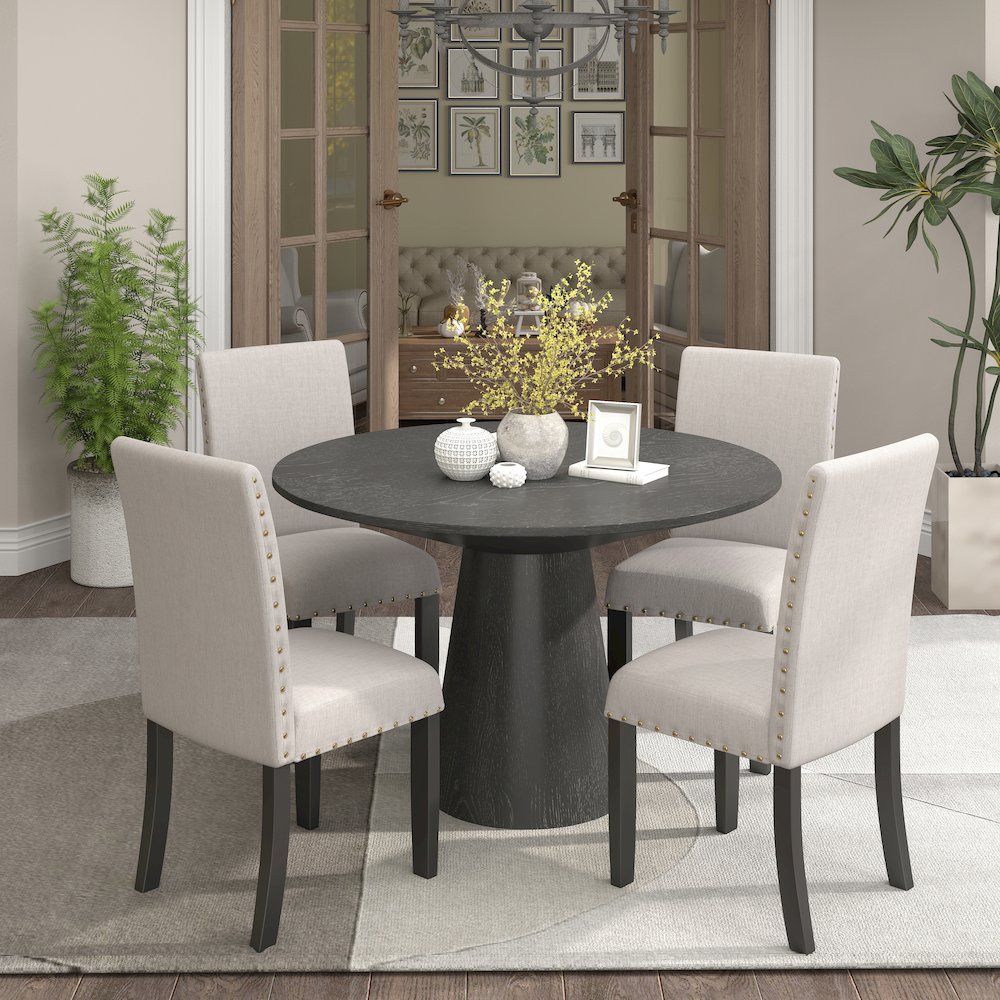 Nuevo 5-Piece Round Dining Set, Pedestal Dining Table with 4 Chairs, Tan. Picture 2