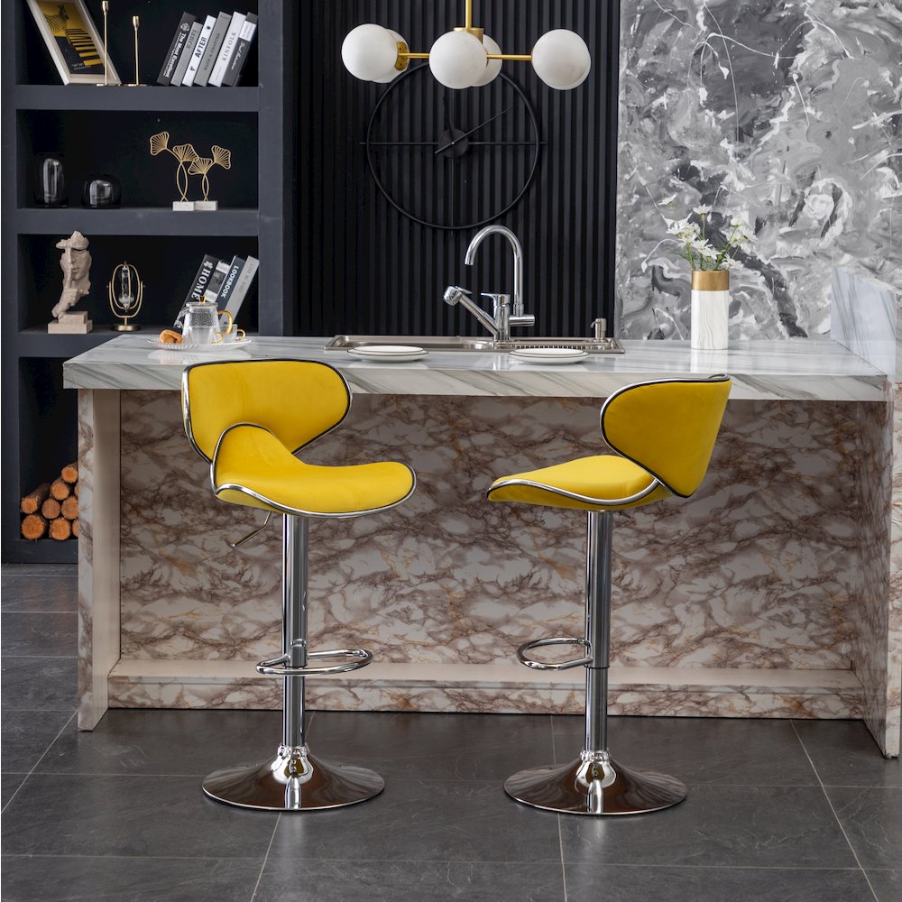 Masaccio Velvet Upholstered Adjustable Swivel Barstool, Set of 2, Yellow. Picture 4