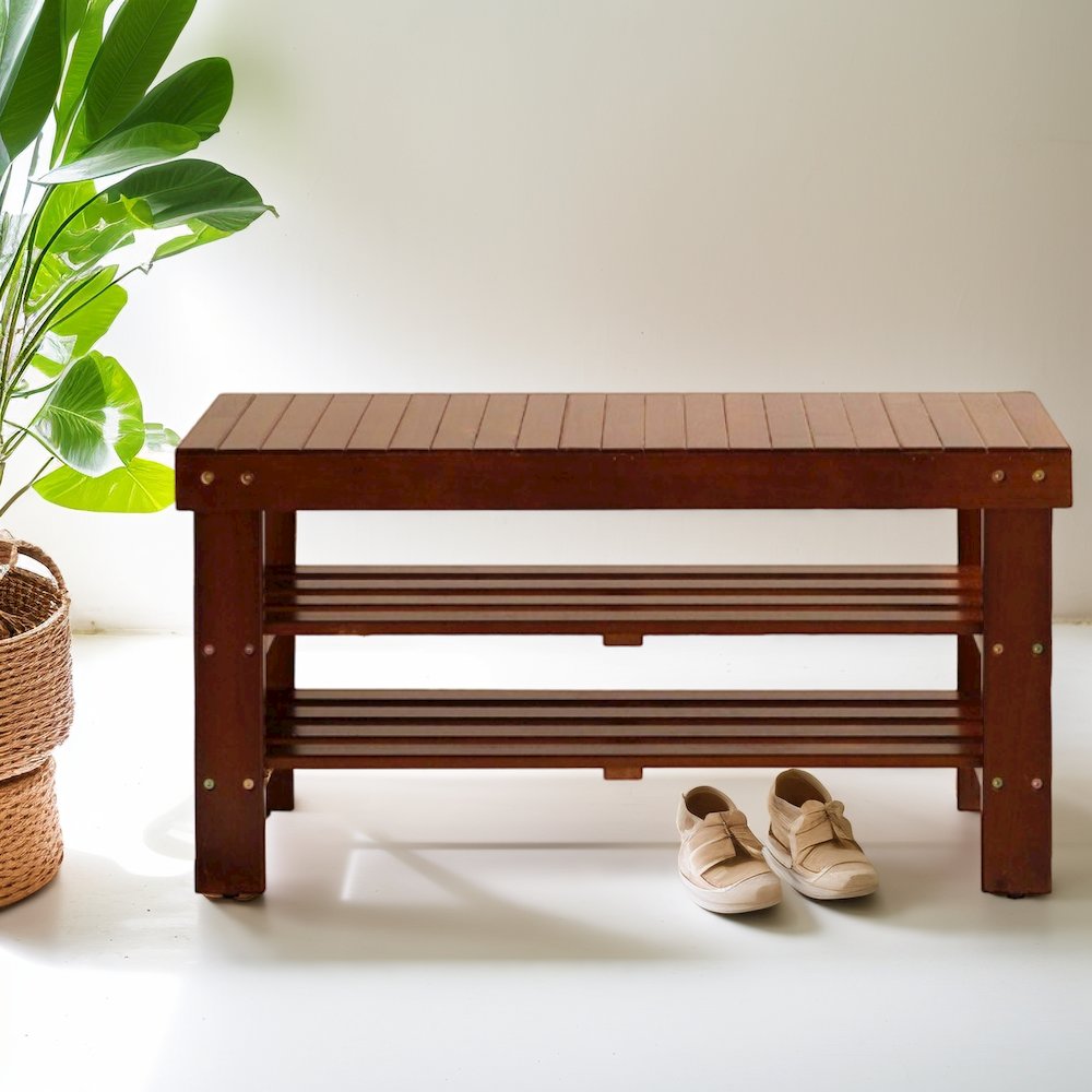 Pina Quality Solid Wood Shoe Bench, Cherry Finish. Picture 2