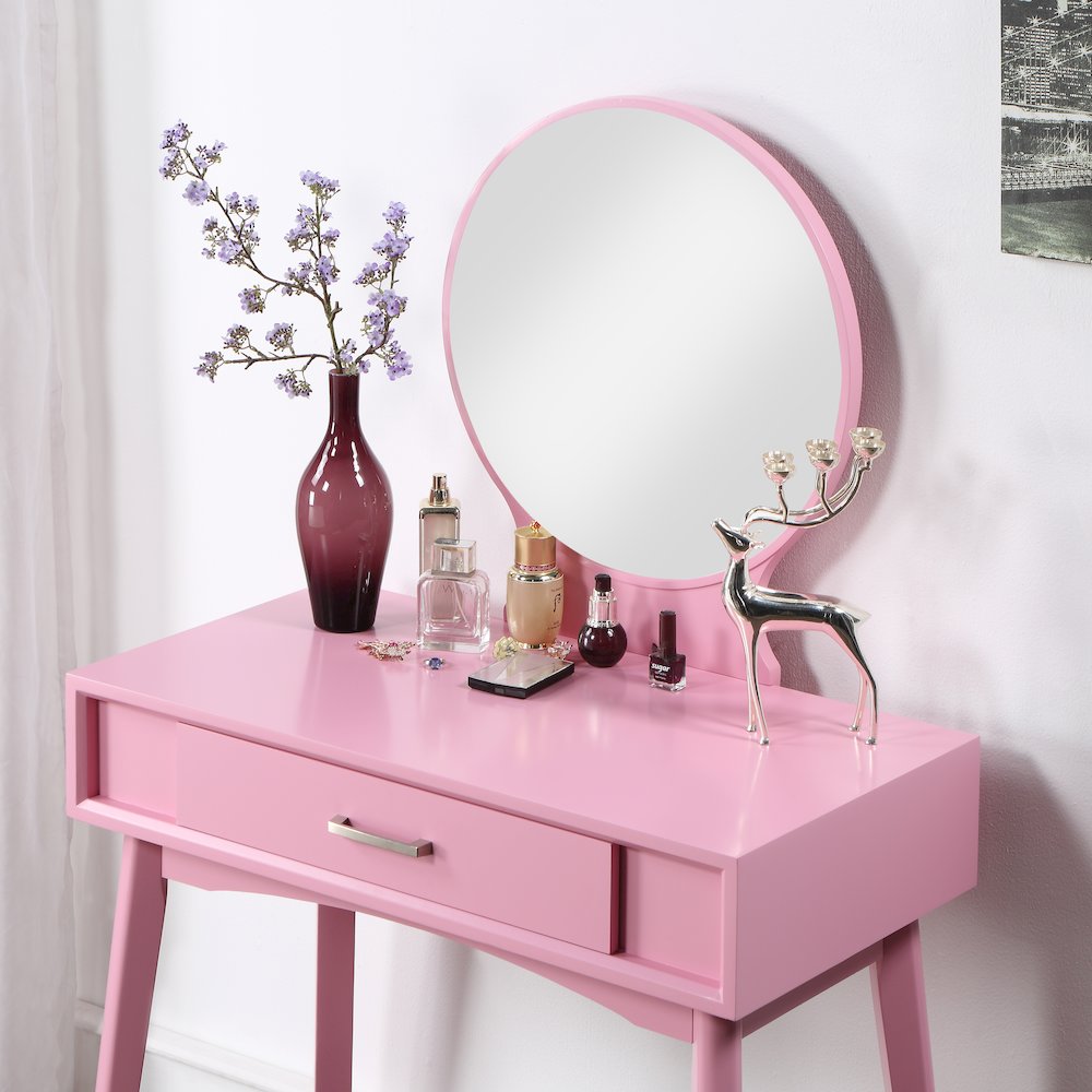 Maly Contemporary Wood Vanity and Stool Set, Pink. Picture 4