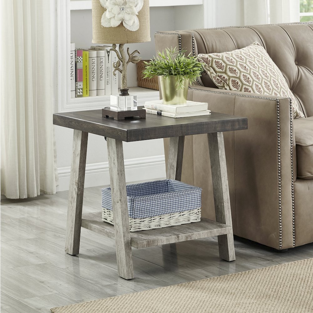 Athens Contemporary Two-Tone Wood Shelf End Table in Weathered Walnut and Gray. Picture 4