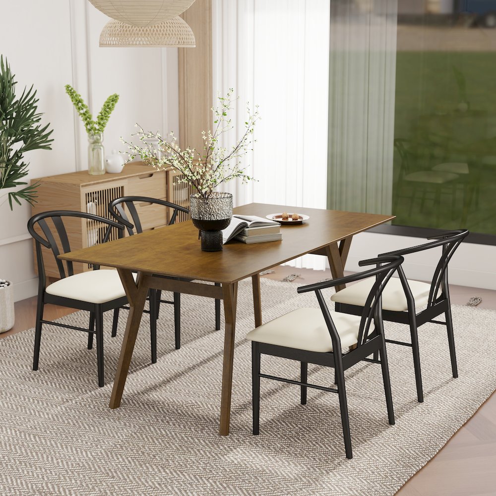 5-Piece Dining Set, Walnut Finished Dining Table with 4 Black Wishbone Chairs. Picture 2