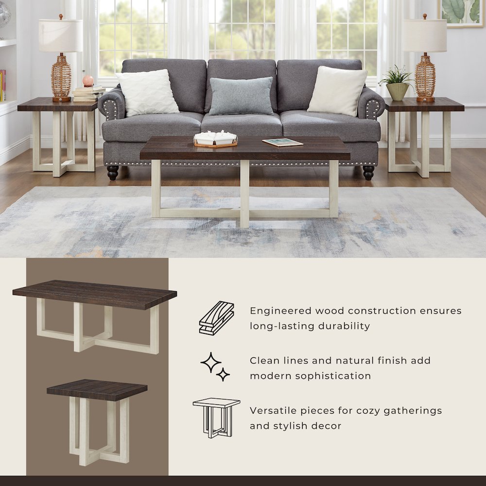 Luno 3-Piece Coffee Table Set, Coffee Table and Two End Tables, Walnut and White. Picture 9