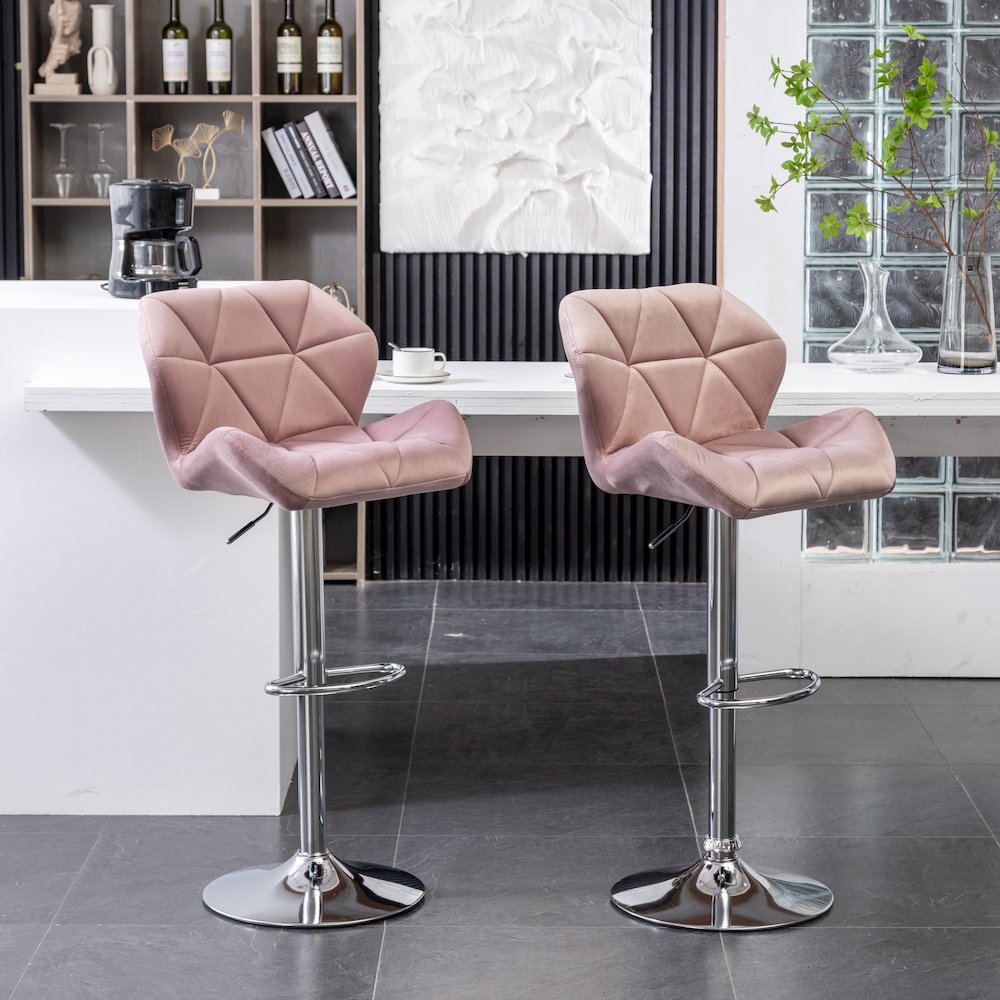 Breni Velvet Diamond Tufted Swivel Adjustable Height Barstool, Set of 2, Mauve. Picture 4