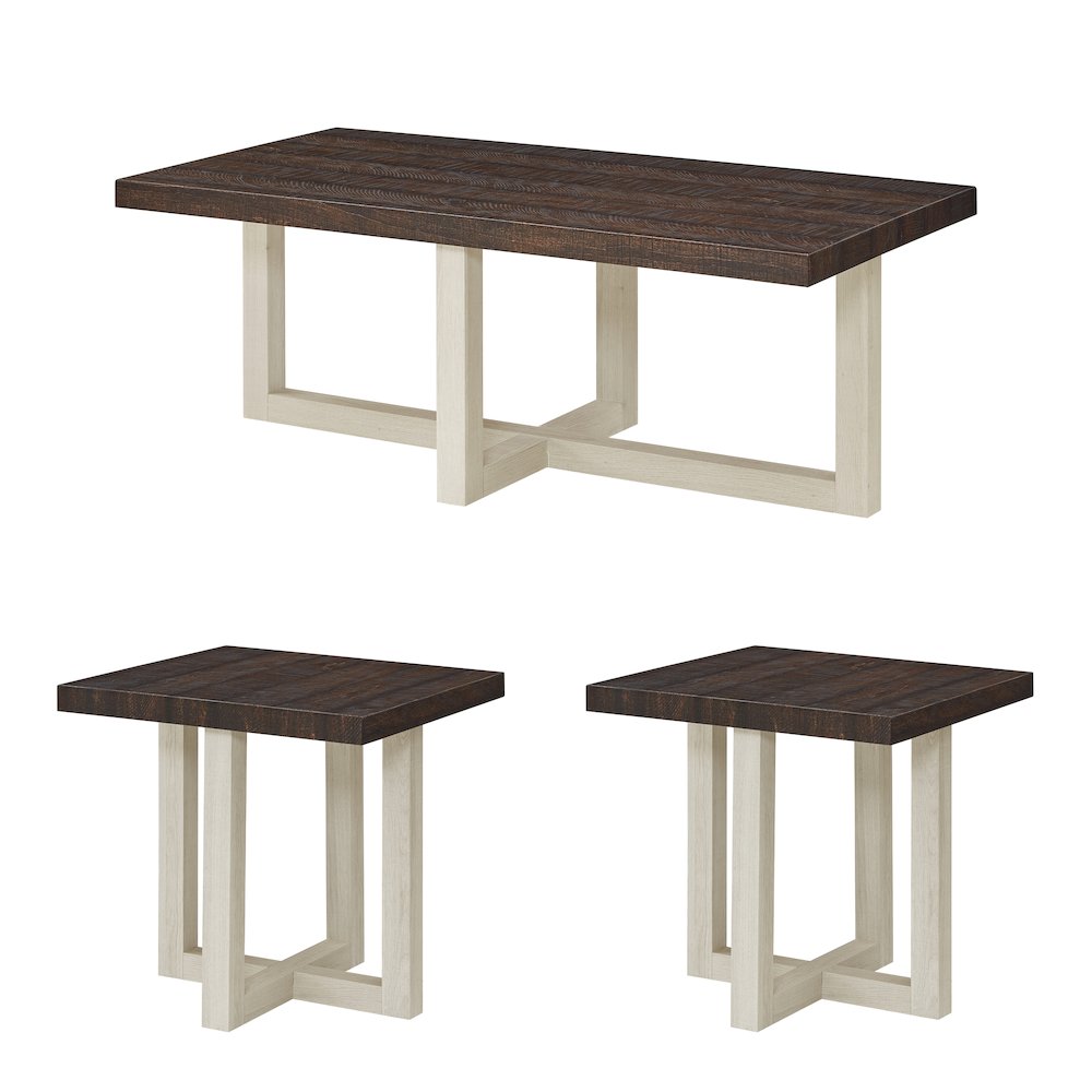 Luno 3-Piece Coffee Table Set, Coffee Table and Two End Tables, Walnut and White. Picture 1