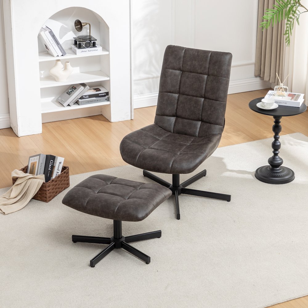 Arlena 2-Piece Seating Set, Faux Leather Tufted Accent Chair and Ottoman, Brown. Picture 4