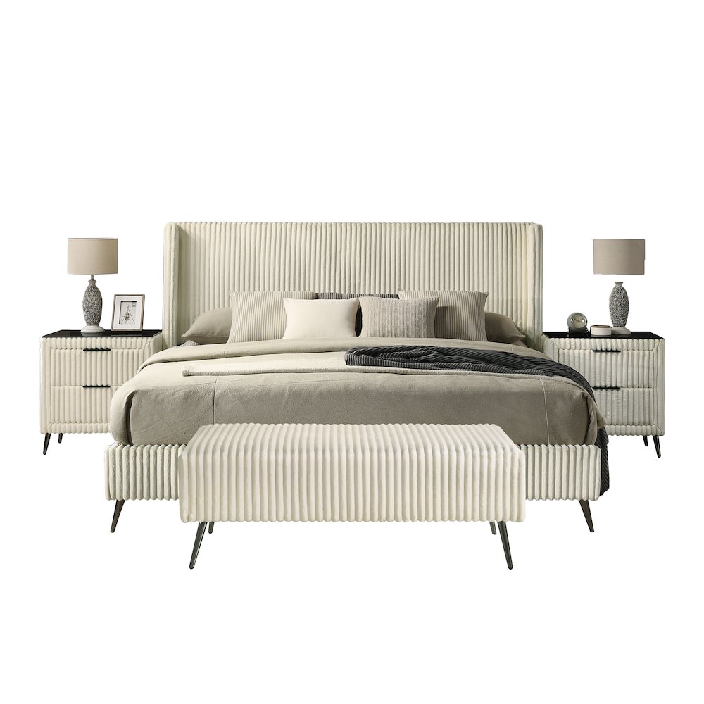 Mavela Wide Wale Corduroy Upholstery Panel King Bed with 2 Nightstands and Bench. Picture 1