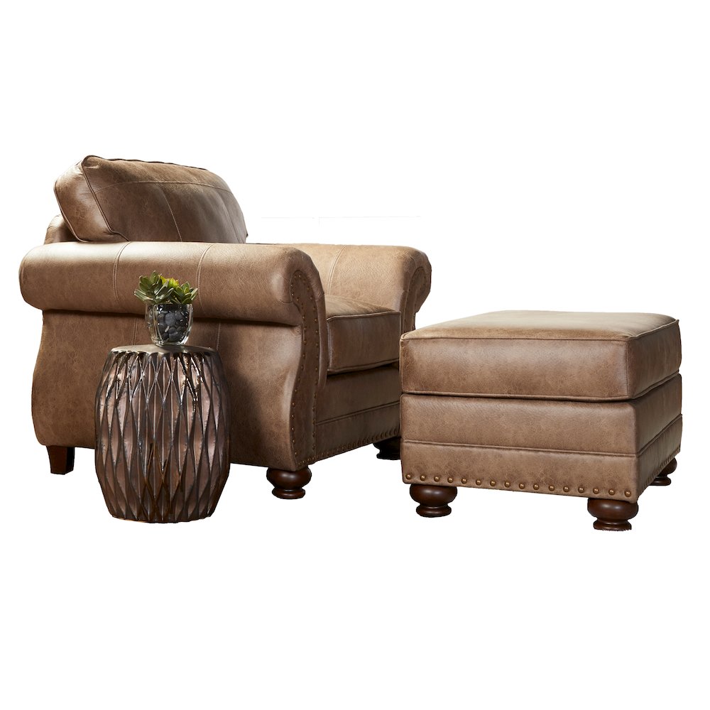 Leinster Faux Leather Arm Chair and Ottoman in Jetson Ginger. Picture 1