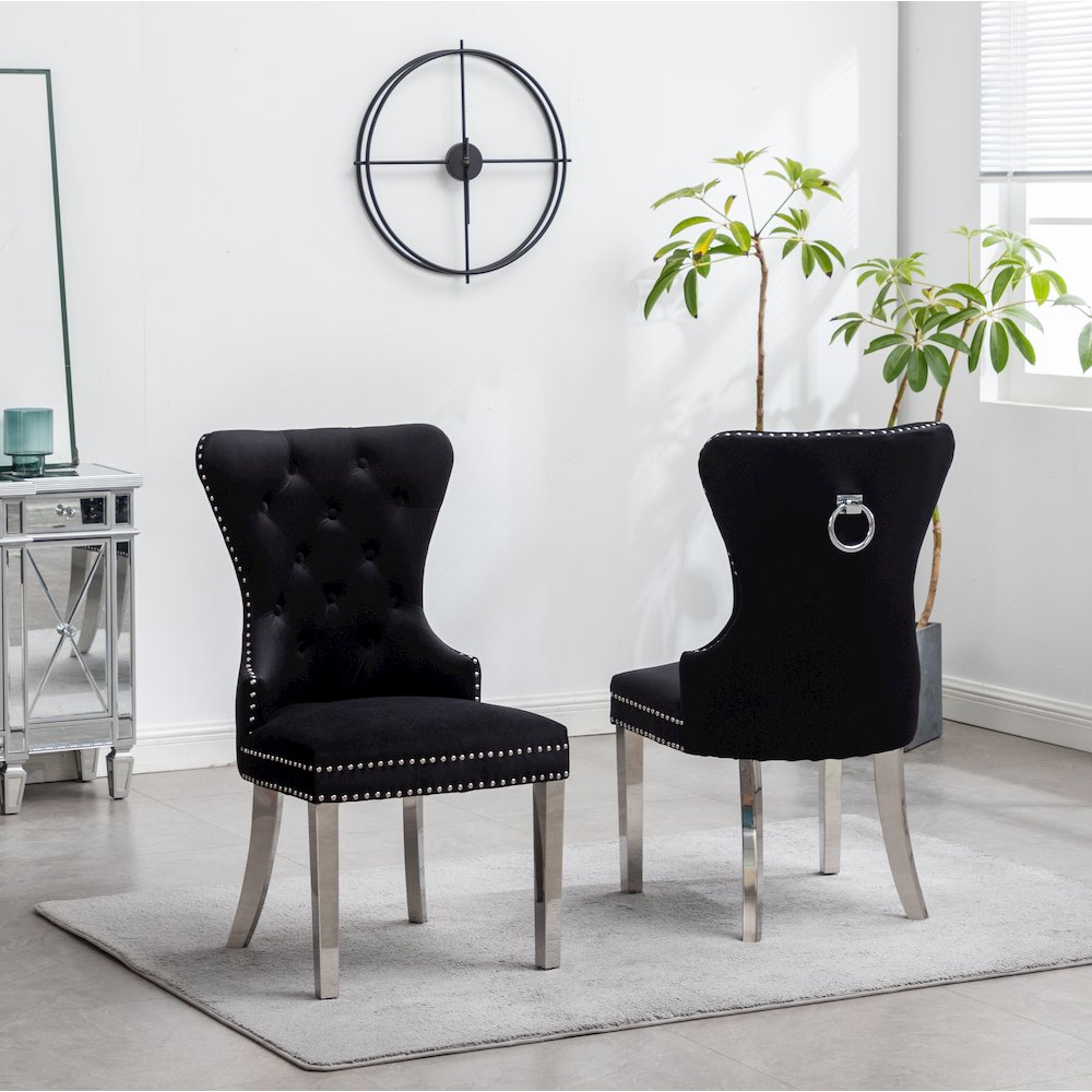 Montura Contemporary Tufted Velvet Chair with Nailhead Trim, Set of 2, Black. Picture 4