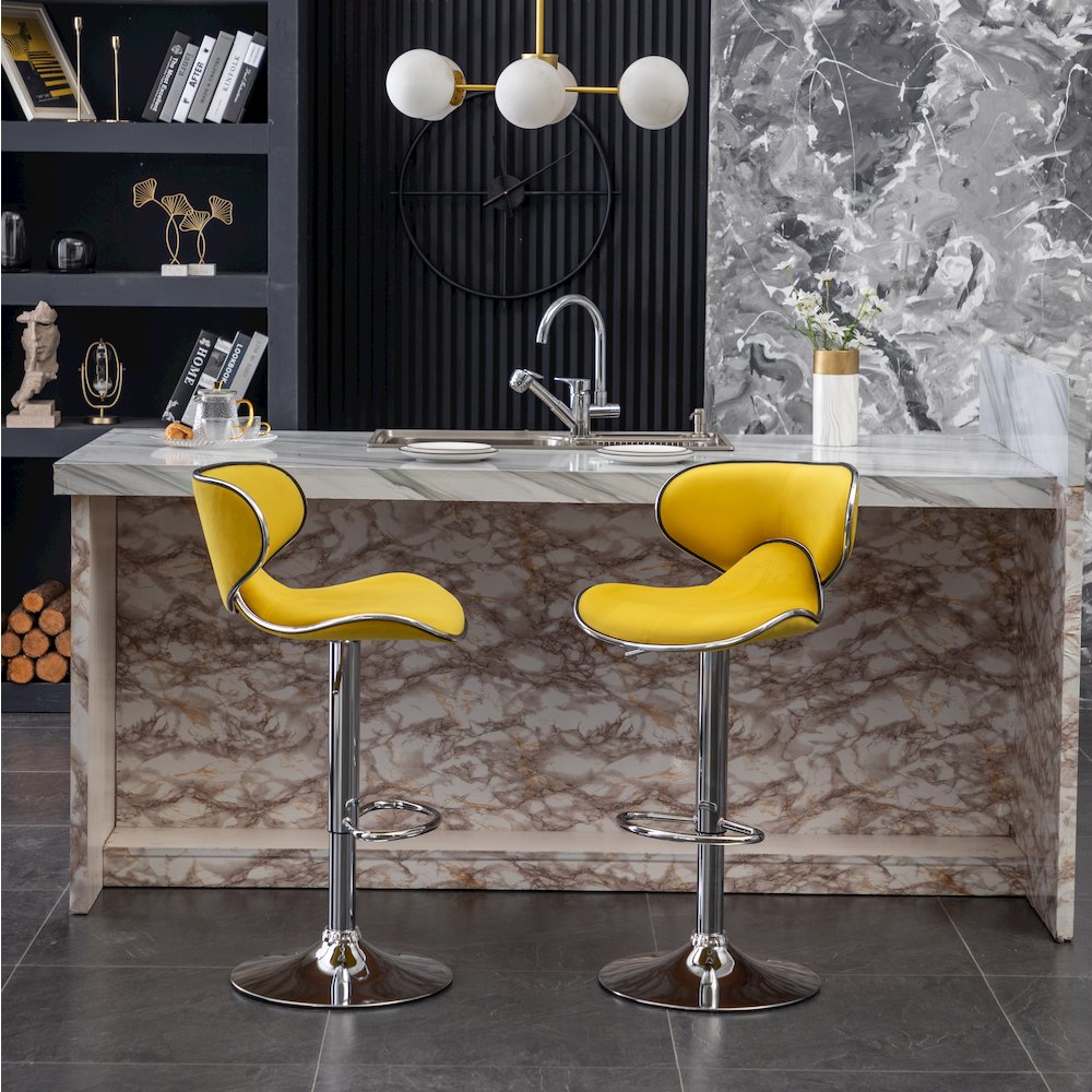 Masaccio Velvet Upholstered Adjustable Swivel Barstool, Set of 2, Yellow. Picture 6