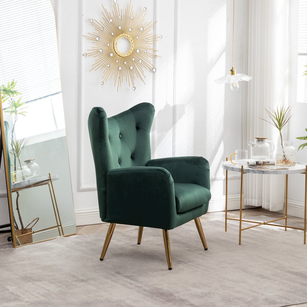 Sovarol Velvet Button-Tufted Wing Back Accent Chair, Green. Picture 5