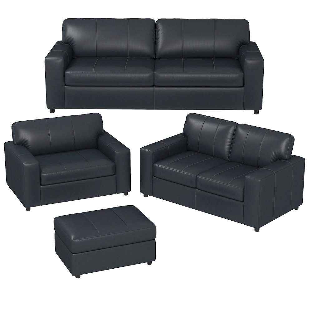 Sakan Leather 4-Pc Living Room Set, Sofa Loveseat, Chair and Ottoman, Blue. Picture 1