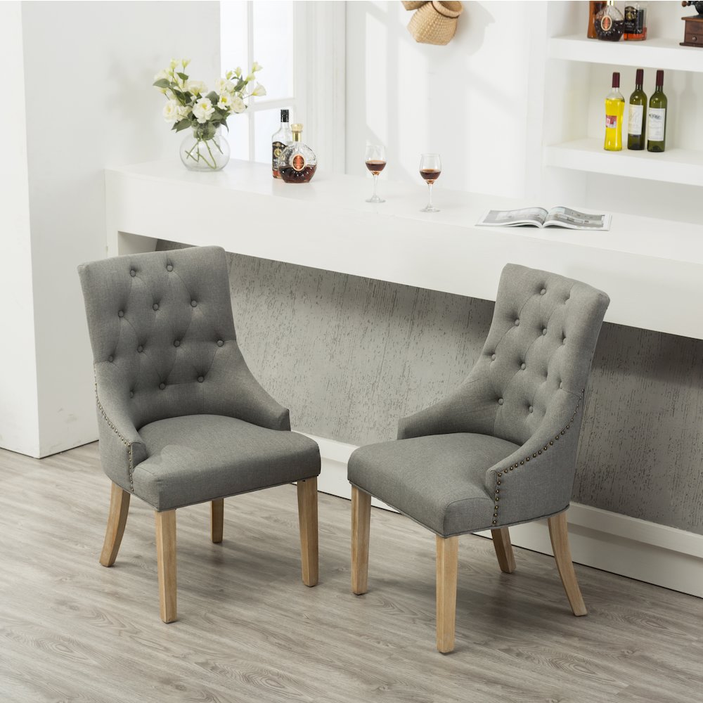 Luna Gray Button Tufted Solid Wood Wingback Chairs with Nail Heads Set of 2. Picture 3