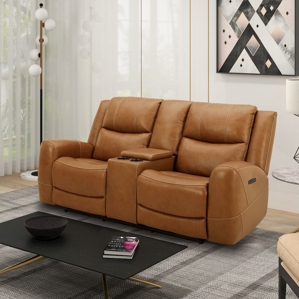 Cozura Leather Power Dual Recling Loveseat with Console, Silverado Butternut. Picture 2