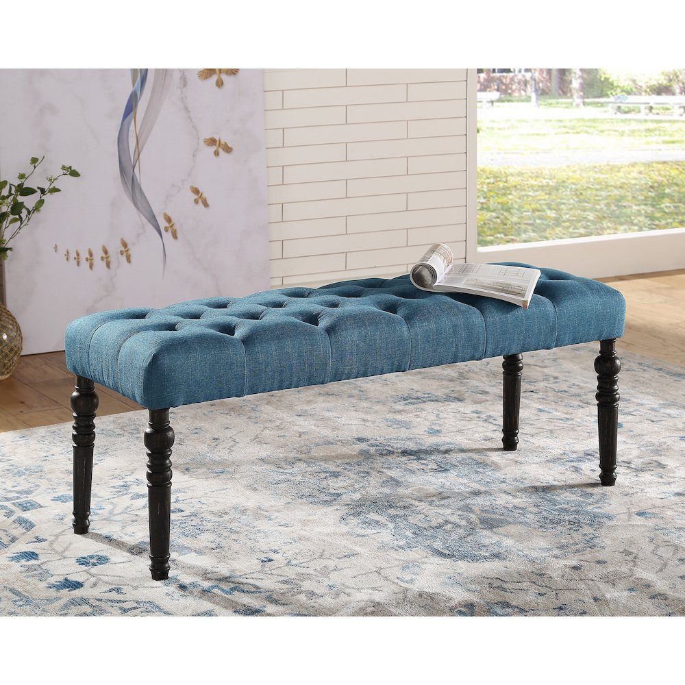 Leviton Fabric Tufted Turned Leg Dining Bench, Blue. Picture 5
