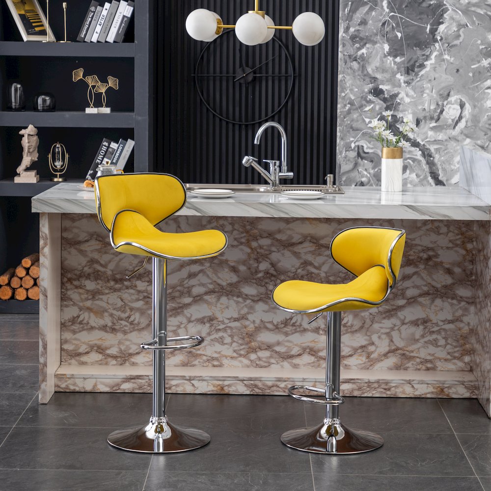 Masaccio Velvet Upholstered Adjustable Swivel Barstool, Set of 2, Yellow. Picture 2