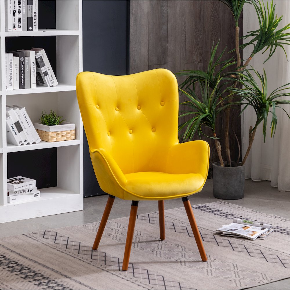 Doarnin Contemporary Silky Velvet Tufted Button Back Accent Chair, Yellow. Picture 4