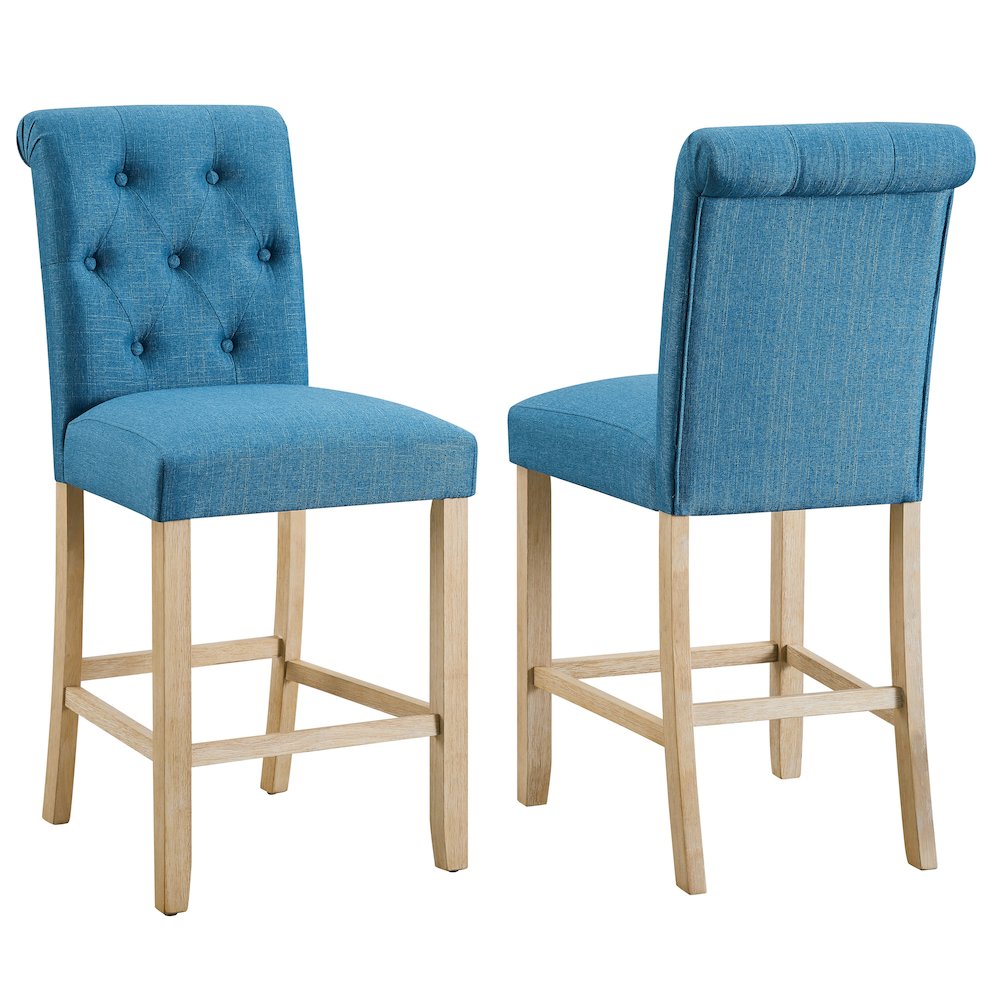 Siena Counter Height Button Tufted Back Solid Wood Stools, Set of 2, Blue. Picture 3