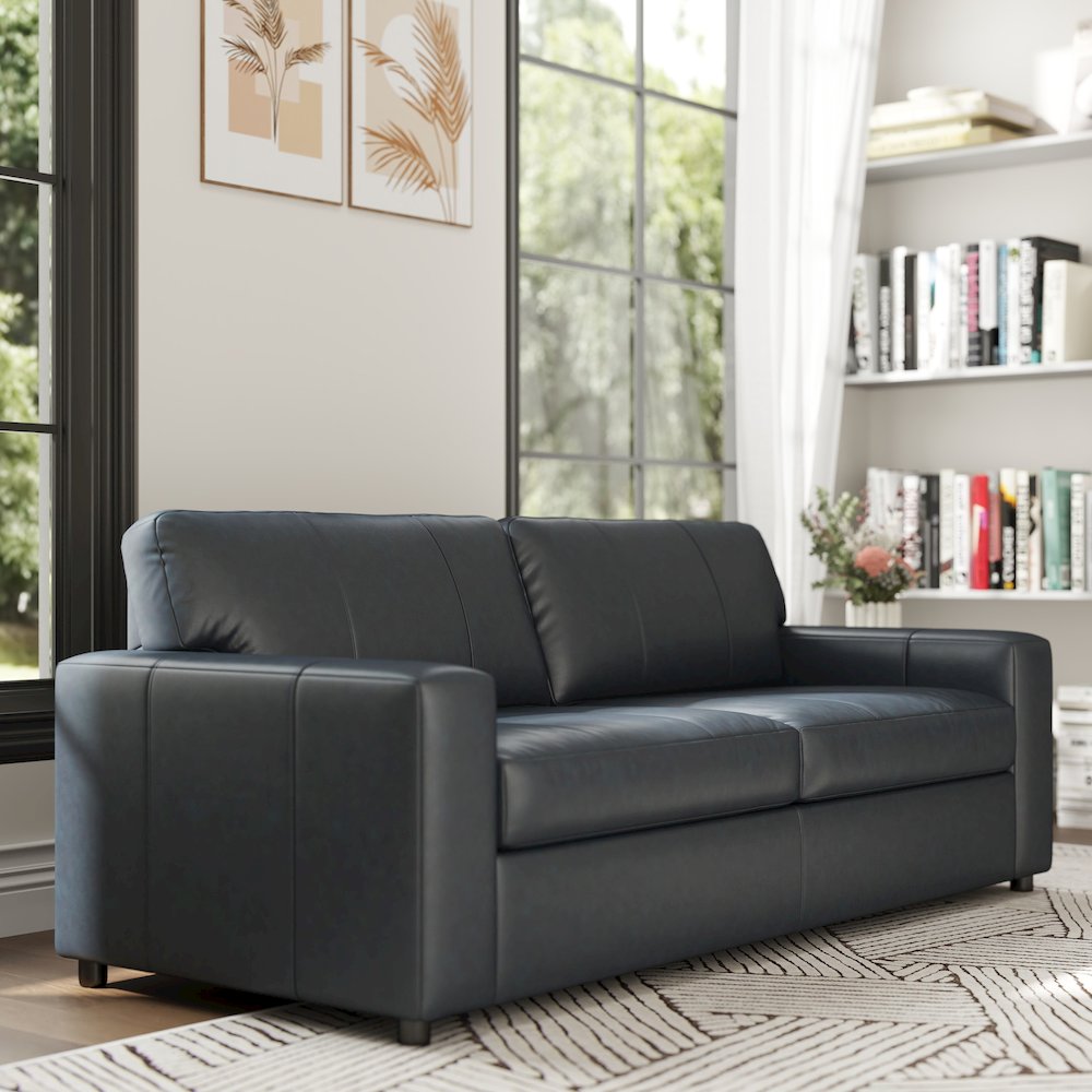 Sakan Leather Upholstered Sofa, Blue. Picture 3