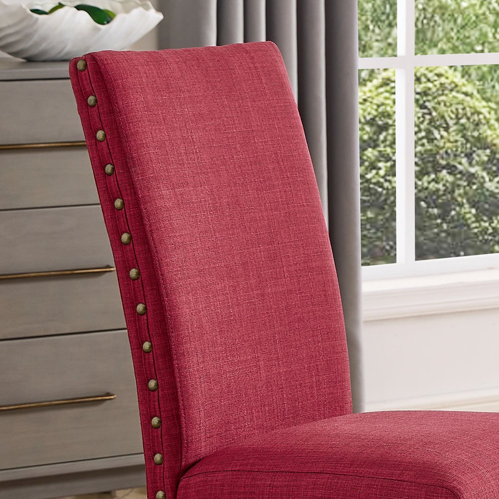 Biony Espresso Wood Dining Set with 4 Fabric Nailhead Chairs, Red. Picture 9