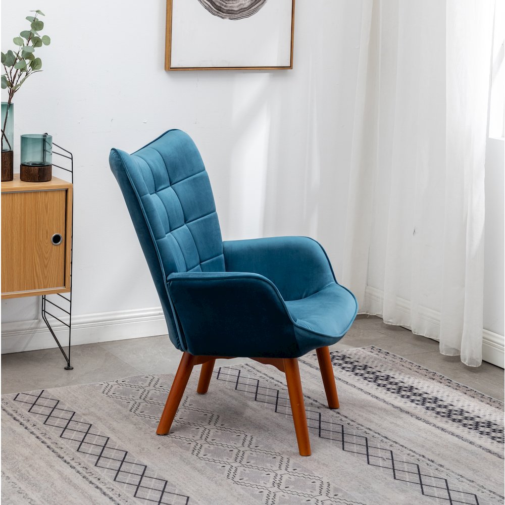 Leiria Contemporary Silky Velvet Tufted Accent Chair with Ottoman, Blue. Picture 4