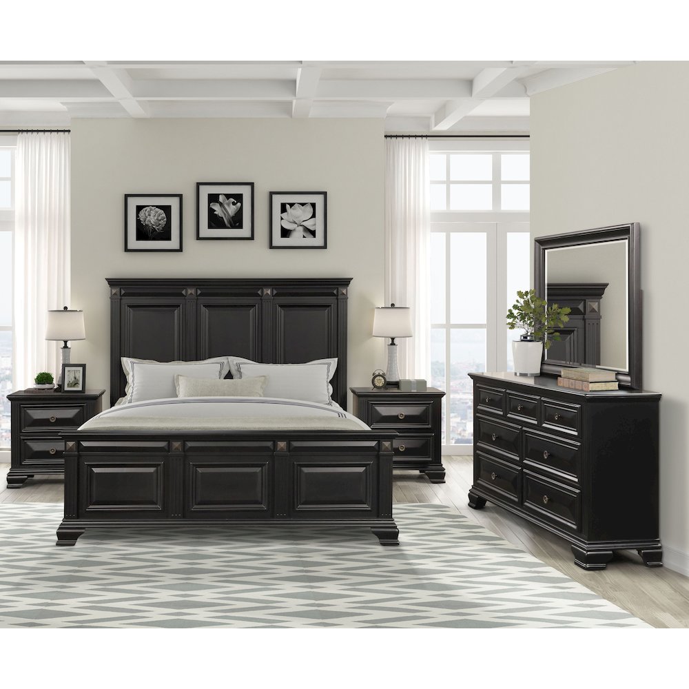 Vintage Black Wood Bedroom Set, King Panel Bed, Dresser, Mirror, 2 Nightstands. Picture 15