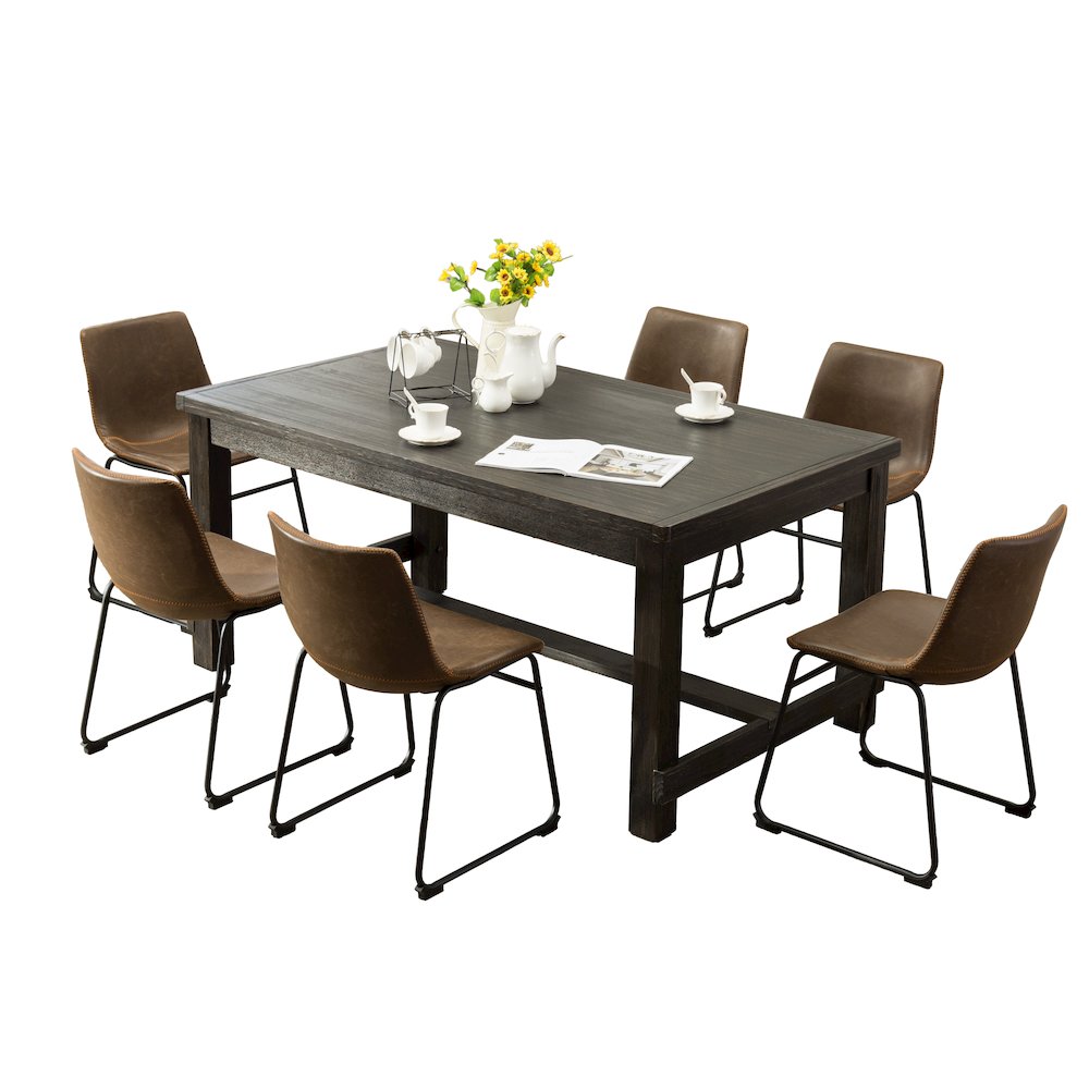 7-Piece Antique Black Finish Wood Dining Table, 6 Brown Faux Leather Chairs Set. Picture 1
